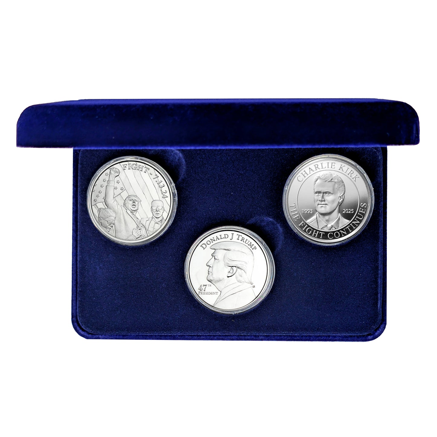 3 Silver Coin Set - Charlie Kirk "The Fight Continues" and Trump "Fight" and Trump "47" - 1 Ounce Silver Rounds - in Blue Velvet Lined Snap Close Gift Box