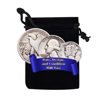 90% Silver 3-Coin Set - Circulated Half Dollar, Quarter & Dime in Black Velvet Bag