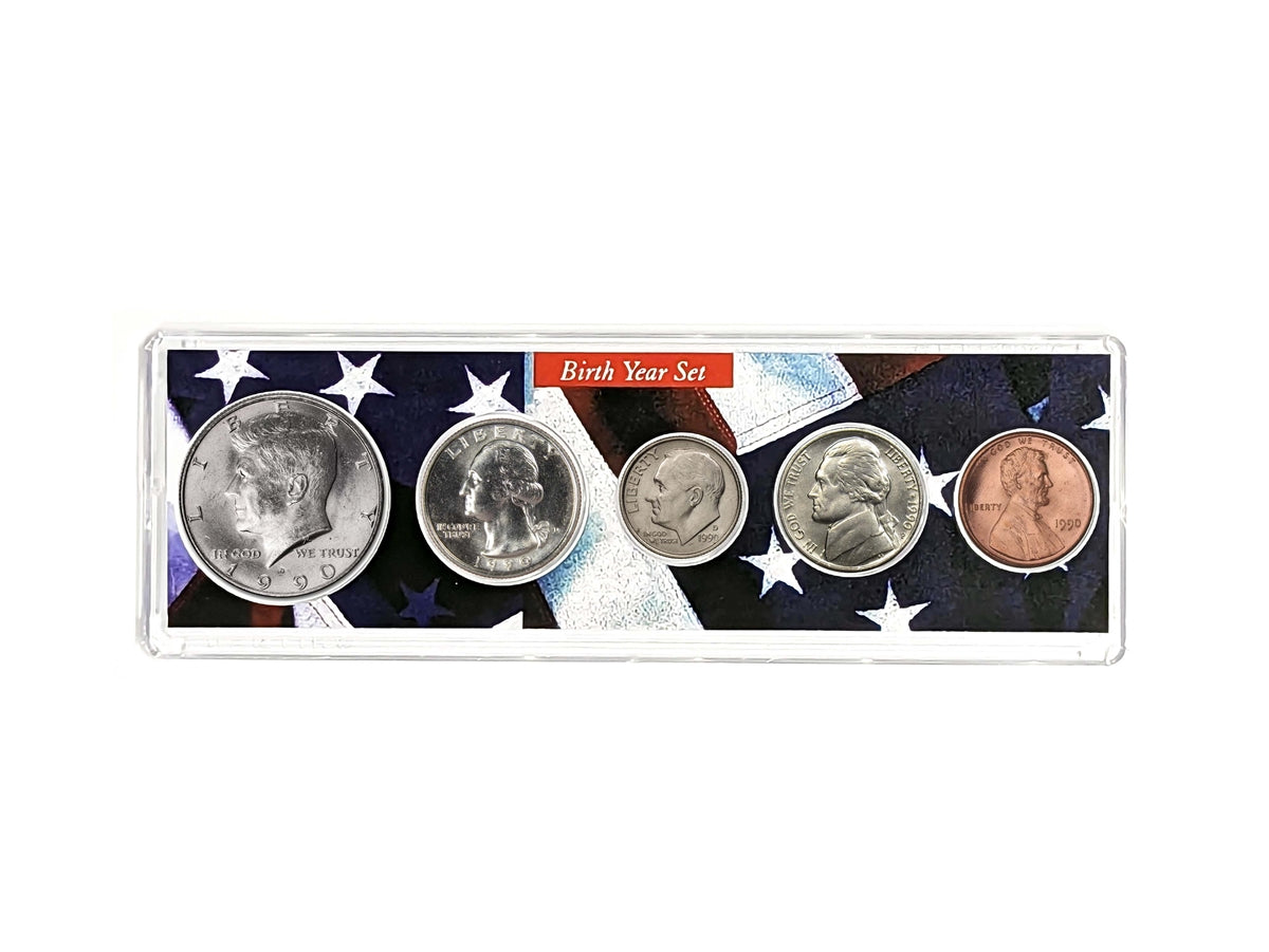 1990 Birth Year Coin Set - Uncirculated 5-Coin Collection in Patriotic Holder